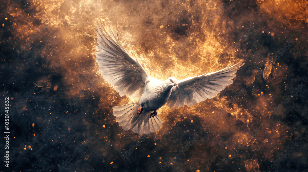 Obraz premium A dove spreads its wings while soaring through flames amidst a dark, smoky backdrop in a vivid digital painting