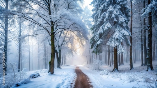 Winter forest landscape path and tree covered with snow in foggy forest