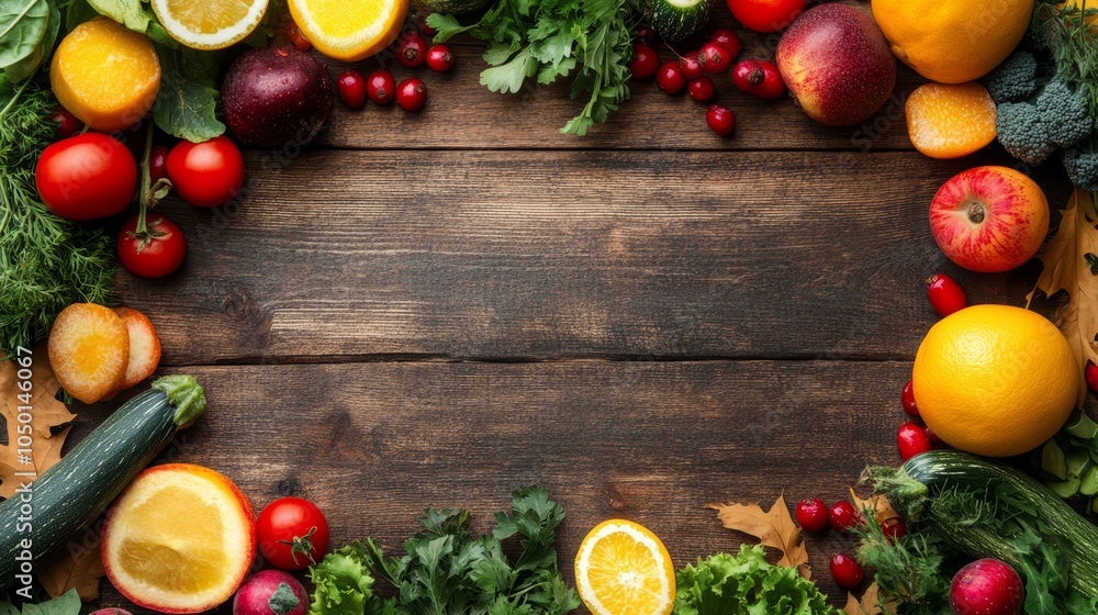 Fresh Fruits and Vegetables Border on Rustic Wooden Table Fresh Fruits and Vegetables Border on Rustic Wooden Table