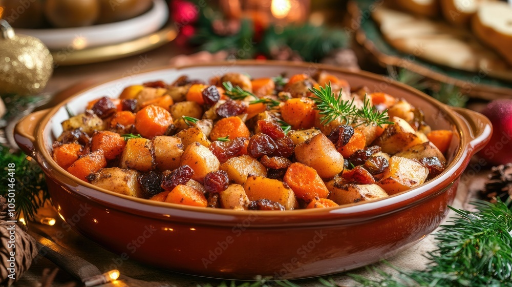 Traditional sweet stew for Hanukkah, featuring a mix of carrots, sweet potatoes, and dried fruits, in a festive holiday setting, front view. Traditional sweet stew for Hanukkah, featuring a mix of carrots, sweet potatoes, and dried fruits, in a festive holiday setting, front view.