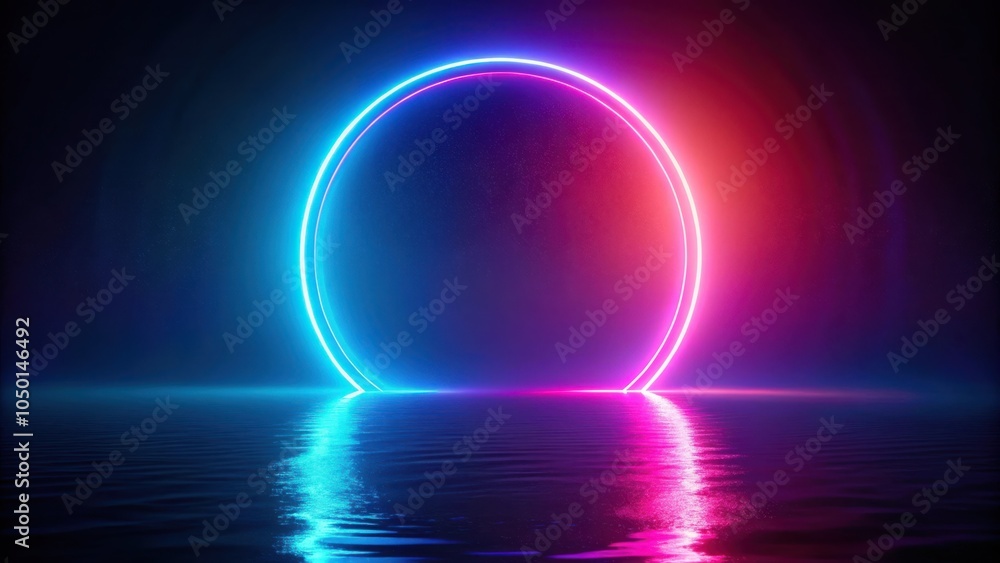 A luminous neon circle reflected in a tranquil body of water, casting an otherworldly glow on the surroundings.