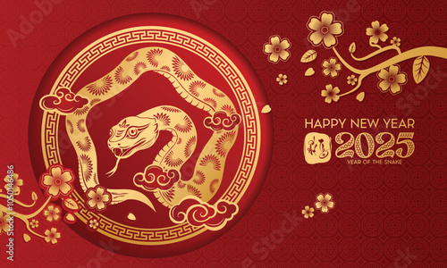 Lunar New Year themed paper graphic with oriental peach blossoms and 2025 snake (Translation : Happy new year ) photo