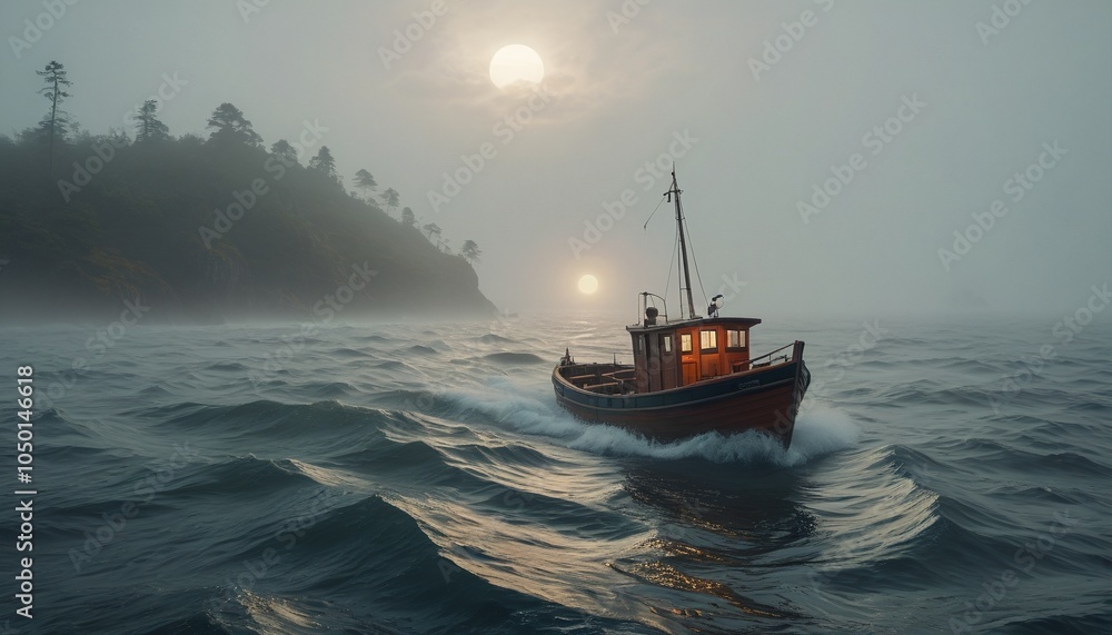 Naklejka premium A small boat bravely navigating through a dense fog, capturing the essence of mystery and adventure that the open sea holds, Generative AI
