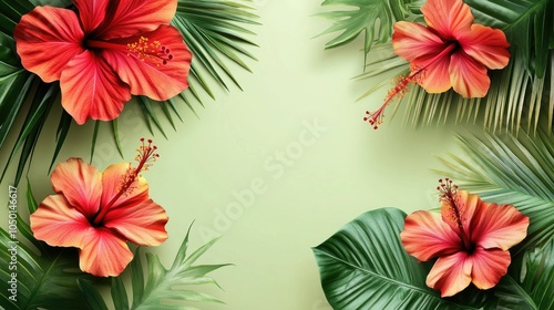 Tropical leaves and bright hibiscus flowers on a light green background, perfect for summer-themed copy space designs.