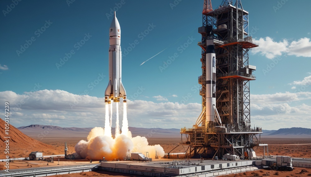 A futuristic rocket preparing for liftoff, surrounded by advanced technology and equipment on the launch pad, symbolizing the future of space travel, Generative AI A futuristic rocket preparing for liftoff, surrounded by advanced technology and equipment on the launch pad, symbolizing the future of space travel, Generative AI