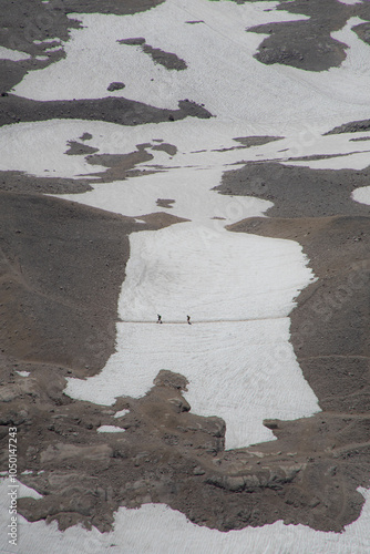 Konstfotografi Two hikers traverse a vast, snowy landscape.