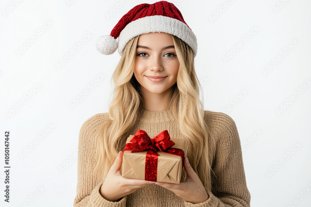 Young pretty woman with red Christmas hat holding a gift Young pretty woman with red Christmas hat holding a gift