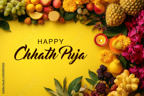 Chhath Puja Offerings on Vibrant Yellow Background photo