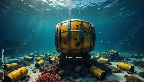 A dramatic underwater shot of barrels leaking toxic substances, showcasing the urgent need for action to protect aquatic life from pollution, Generative AI photo