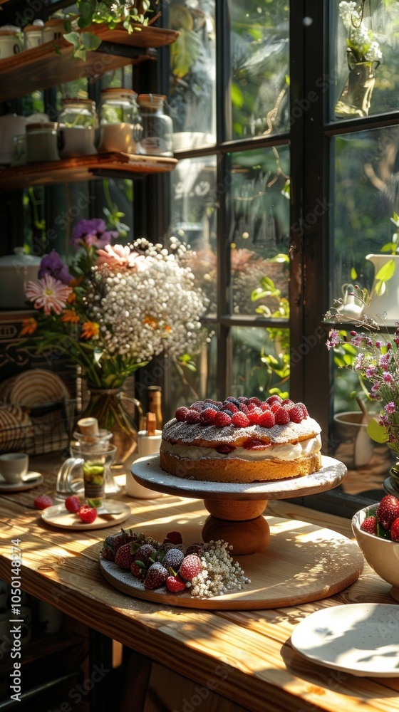 Fototapeta premium Beautiful naked cake topped with fresh blueberries, and berries, displayed on a wooden cake stand by a sunlit window in a cozy kitchen.