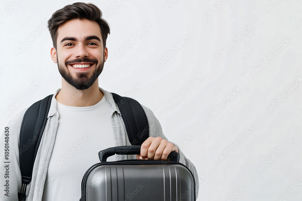 Young handsome man over isolated white background holding a suitcase Young handsome man over isolated white background holding a suitcase