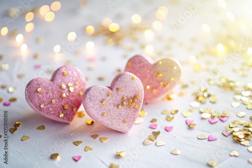 Three Hearts with Pink and Gold Confetti in Low Light Photography on White Background, Captivating Romantic Decor for Celebrations, Perfect for Valentine's Day and Love-themed Events