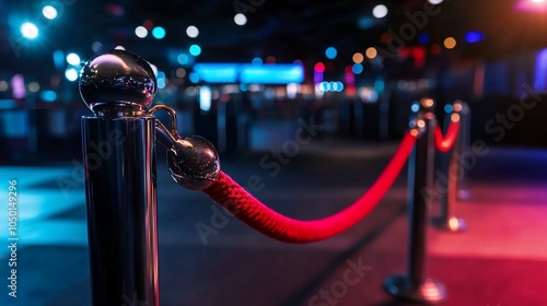 Red velvet rope barrier with chrome stanchions in a brightly lit venue.