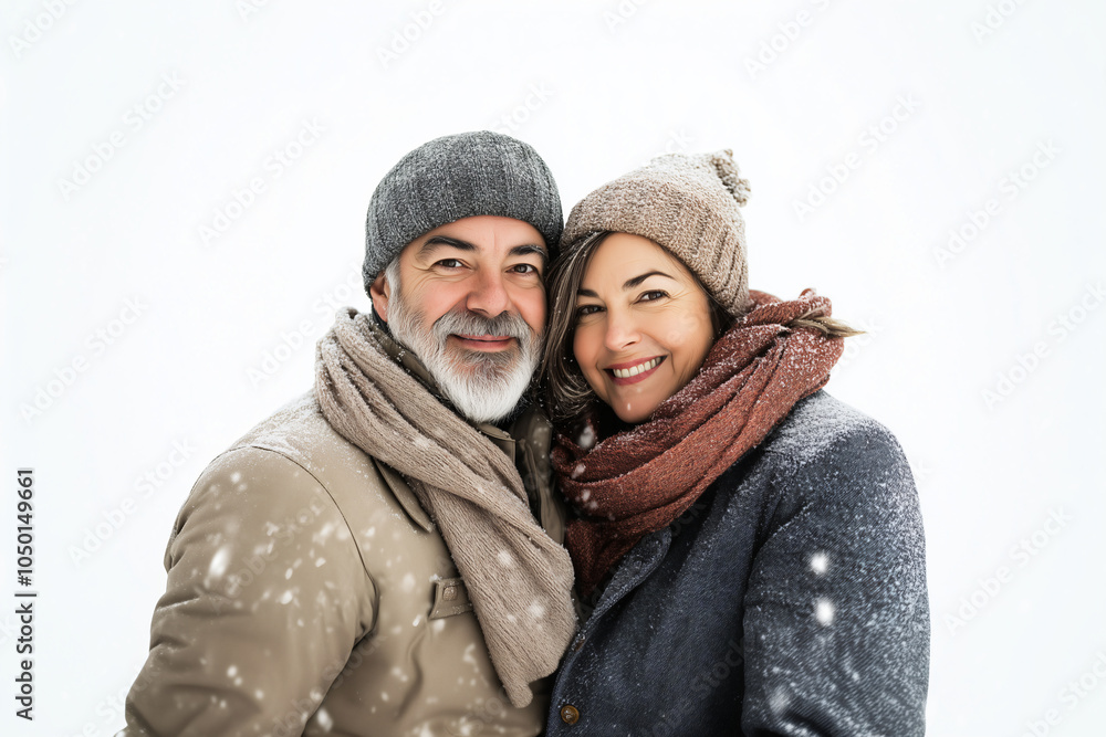 Middle aged couple over isolated white background in winter clothes Middle aged couple over isolated white background in winter clothes