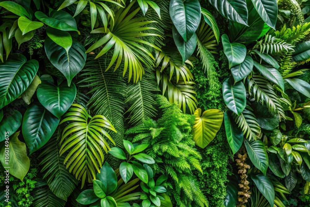 Fototapeta premium Tropical Green Leaves Wall Decor for Vibrant Interior Design, Lush Foliage, Nature-Inspired Aesthetics, High-Quality Botanical Prints, Eco-Friendly Home Styling, Natural Textures