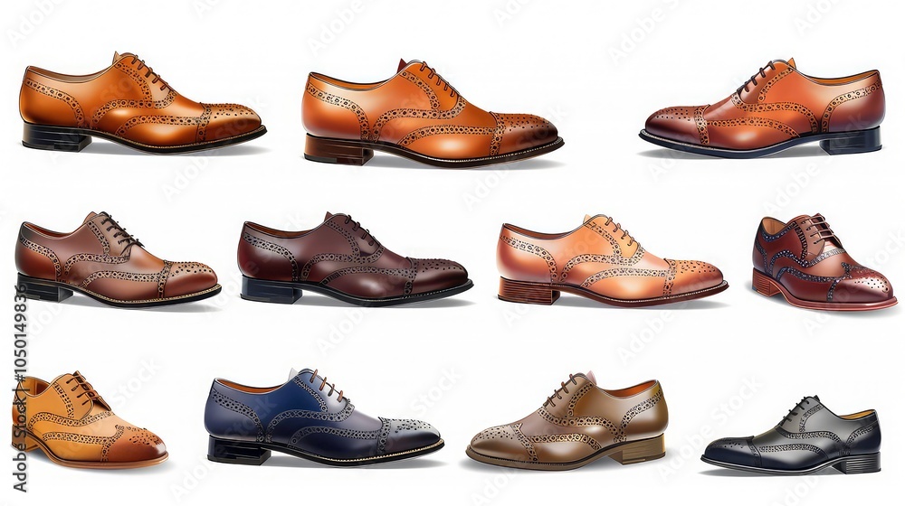 Nine different colors and styles of men's lace-up brogue shoes. Nine different colors and styles of men's lace-up brogue shoes.