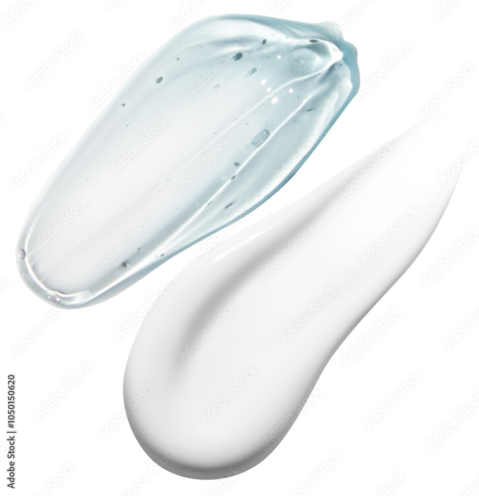 Composition of a white cream smear and a transparent blue gel smear on an empty background. Skincare products, hydrating and moisturizing textures. Composition of a white cream smear and a transparent blue gel smear on an empty background. Skincare products, hydrating and moisturizing textures.