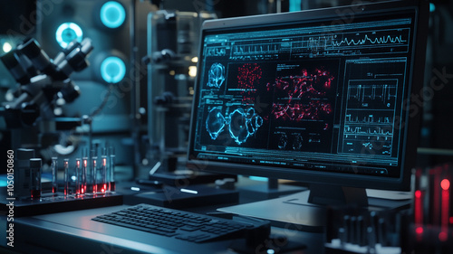 Wallpaper Mural High-tech laboratory workstation with data analysis screens and equipment in a dimly lit room Torontodigital.ca