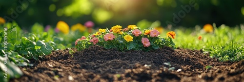 Vibrant compost heap enriching a flourishing vegetable garden, showcasing sustainable gardening practices and healthy plant growth