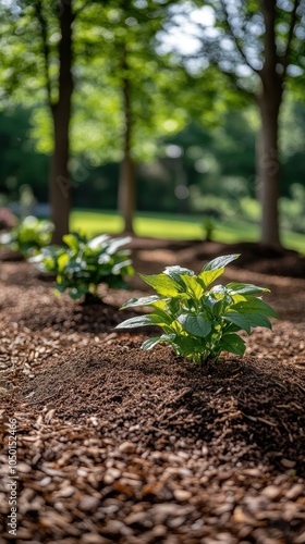 Newly planted trees surrounded by vibrant fresh mulch in a lush backyard garden, enhancing the landscape's beauty and health.