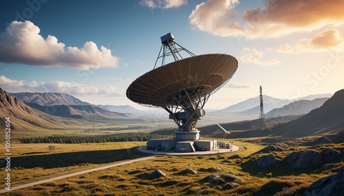 A captivating image of a satellite ground station facility in a serene natural setting, featuring parabolic antennas that blend harmoniously with the rugged surroundings, Generative AI photo