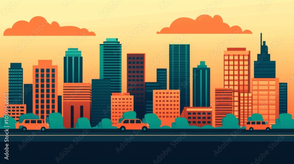 Obraz premium Urban Skyline with Cars at Sunset in Flat Design