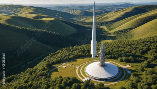 A serene photograph of a remote satellite ground station facility, where parabolic antennas stand tall amidst a landscape of rolling hills and scattered vegetation, Generative AI photo