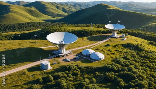 A serene photograph of a remote satellite ground station facility, where parabolic antennas stand tall amidst a landscape of rolling hills and scattered vegetation, Generative AI