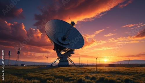 A dramatic sunset over a remote satellite ground station facility, with parabolic antennas silhouetted against the vibrant sky, representing the intersection of nature and technology, Generative AI