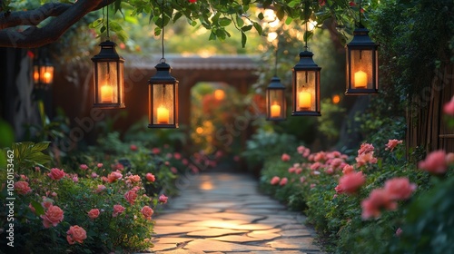 Enchanting garden lanterns suspended from branches, illuminating vibrant flower beds below, creating a magical outdoor ambiance