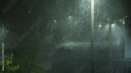 Hurricane Helene Strikes City With Strong Wind and Torrential Rain. Tropical Storm Helene South Carolina Greenville. Heavy Rain at Night on Street With Street Lights and Cars. Extreme Weather Events.