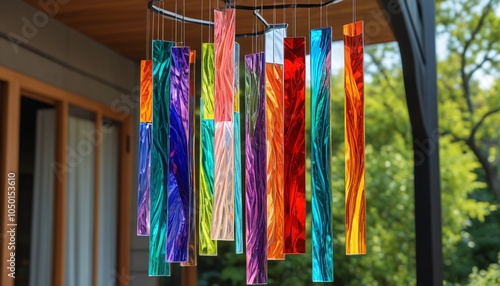 A vibrant glass wind catcher, featuring colorful panels that dance in the breeze, bringing joy and beauty to outdoor spaces while showcasing glass artistry, Generative AI photo