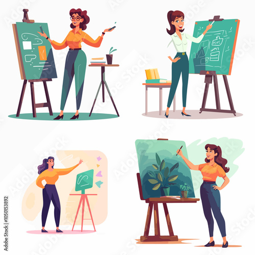 woman is teaching a class. She is standing in front of a chalkboard