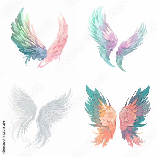 four wings are colorful and have a whimsical, playful feel to them. They are arranged in a grid, with each wing overlapping the one below it. The wings are likely meant to evoke a sense of freedom