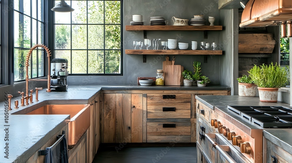 Modern rustic kitchen with reclaimed wood cabinets, open shelving, copper accents, and a large farmhouse sink Modern rustic kitchen with reclaimed wood cabinets, open shelving, copper accents, and a large farmhouse sink