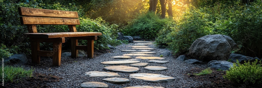 Tranquil garden pathway with stepping stones guiding to a serene bench surrounded by lush greenery and vibrant flowers Tranquil garden pathway with stepping stones guiding to a serene bench surrounded by lush greenery and vibrant flowers