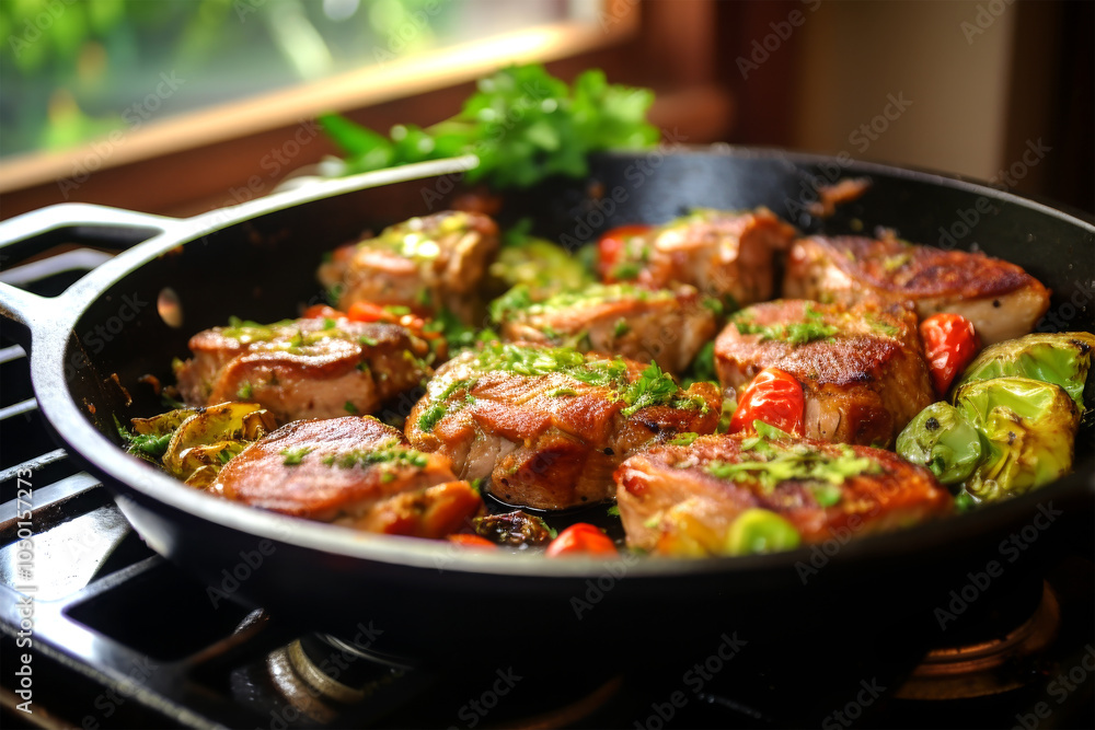 cooking pork in pan on background cooking pork in pan on background