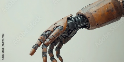 Mechanical robotic hand with intricate design and metal finishes, on white isolated background. photo