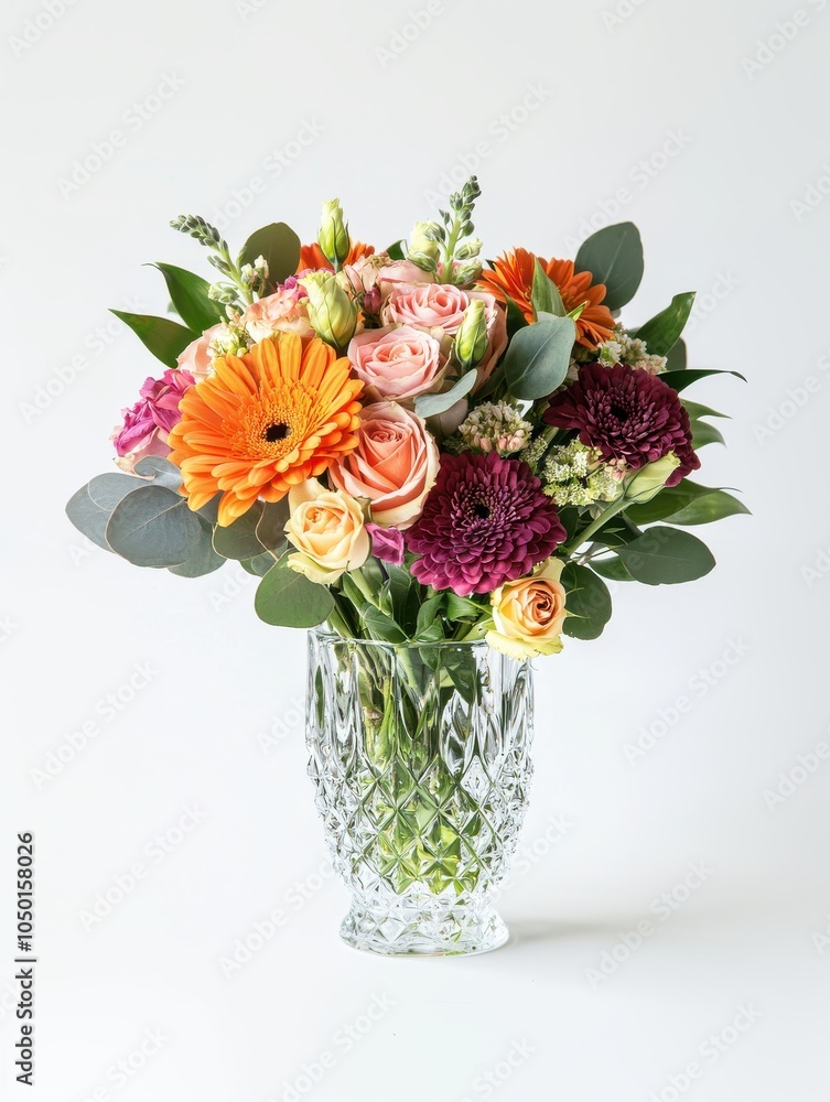 Fototapeta premium Vibrant bouquet of mixed fresh flowers in a crystal vase with natural light and shadows, Ai Generation