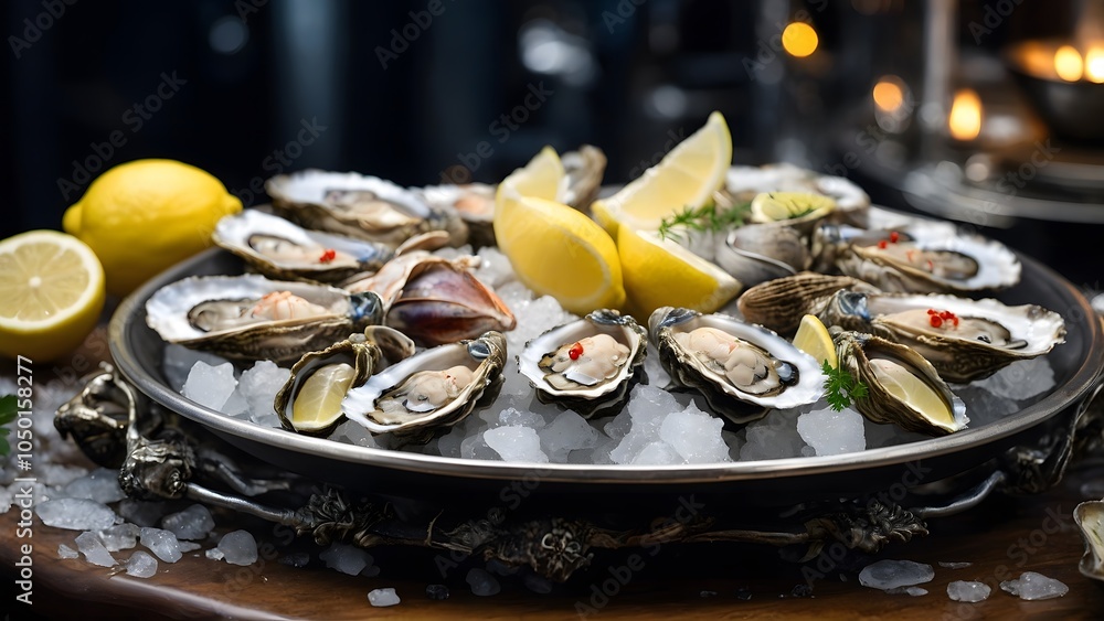Fresh Oysters Served on Ice With Lemon Wedges in a Cozy Seafood Restaurant Setting Fresh Oysters Served on Ice With Lemon Wedges in a Cozy Seafood Restaurant Setting