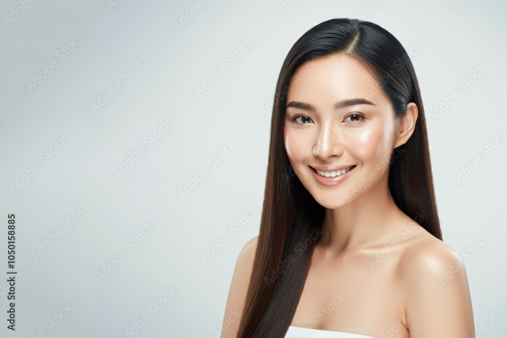 Happy smiling model girl with natural make-up, healthy skin and long hair. Female beauty, woman cosmetology and skin care Happy smiling model girl with natural make-up, healthy skin and long hair. Female beauty, woman cosmetology and skin care