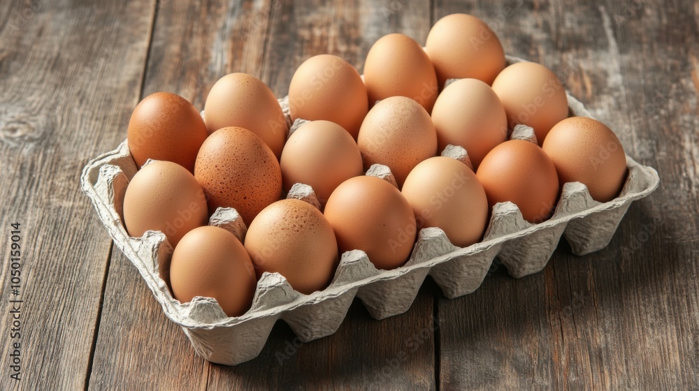 Carton of brown eggs on wooden surface in natural light Carton of brown eggs on wooden surface in natural light