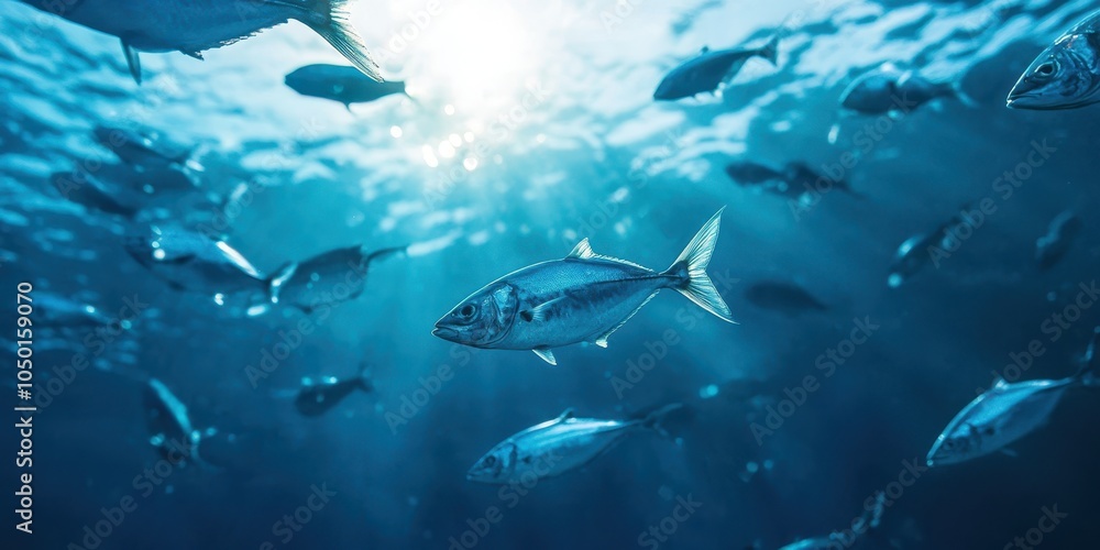 Fototapeta premium School of fish swimming underwater in blue ocean environment