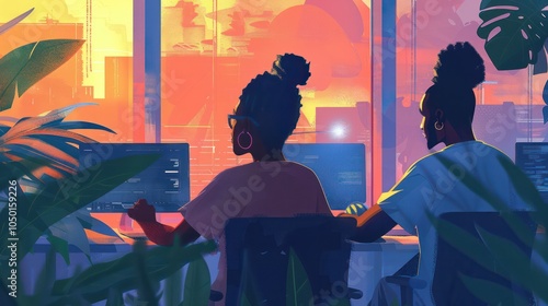 African American professionals in a modern workspace, embracing flexible work hours for better productivity. Illustrations photo