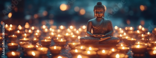 Tranquil Serene Buddha in Candlelit Temple.Concept of spirituality, meditation, peace, tranquility, Buddhism, religious practice, cultural heritage, mindfulness. photo