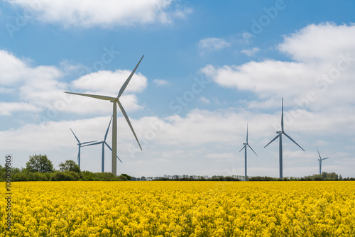 Wind park in the landscape of rapeseed fields. Bio fuel and green energy concept.