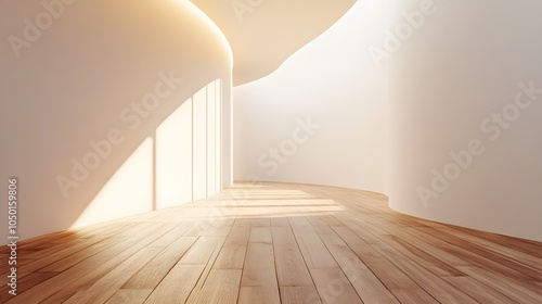 Minimalist curved white wall interior with light wooden floors, modern architectural space, clean lines, natural daylight, empty room, geometric shapes, bright contemporary design, smooth white surfac photo