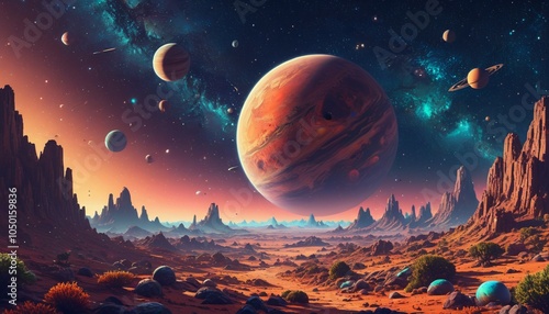 Fototapeta Naklejka Na Ścianę i Meble -  An imaginative pixelated space landscape with planets and stars, creating a sense of wonder and exploration in a charming retro aesthetic, Generative AI