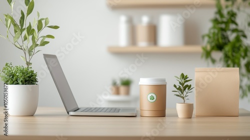 Sustainable Office Workspace with Laptop Coffee Cup and Plants