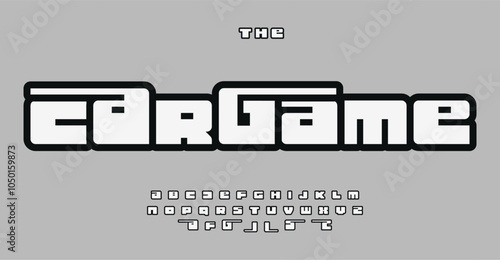 Retro gaming alphabet, bold chunky letters, vintage arcade style font for impactful logo, arcade typographic design, playful 16-bit style branding. Vector typeset.